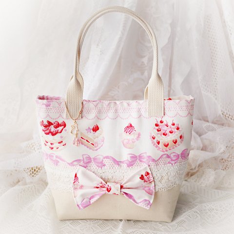 ◆SOLD◆春色♡苺ケーキ柄♡あまあま可愛いミニトートバッグ♡