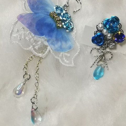 青色蝶のイヤーカフとイヤリング