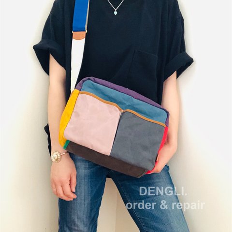 DENGLI.ポーチショルダーバッグ/20色ヌメ革コンビ/スペシャルバージョン/折りたたみ傘/ペットボトル/長財布/パラフィン加工帆布/父の日プレゼント