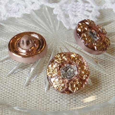 ◆チェコガラスボタン◆花の輪・ピンクゴールド ::: 特小1.4cm