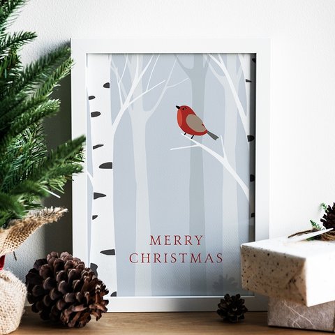 森の中の小鳥のポスター　/ i1029 / 北欧の可愛い動物たち　クリスマスの子供部屋にも