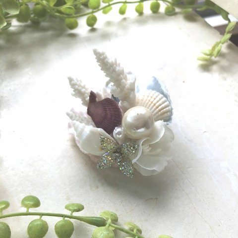 珊瑚と貝殻の髪飾り(コサージュ)　パープル　seaha20-07