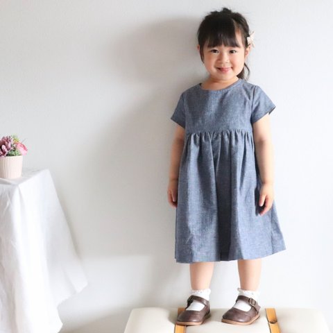 《80〜130cmオーダー可》フレンチスリーブ　ブルーダンガリーのナチュラルワンピース 女の子 おしゃれ かわいい 大人っぽい 子供服 半袖