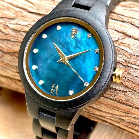 【木製腕時計】EINBAND Prima マザーオブパール×スワロフスキー 天然貝木製腕時計 エボニーウッド ブルー文字盤 34mm