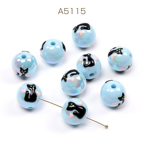A5115  6個  アクリルビーズ 丸玉 猫模様入り ブルー 16mm  3 x（2ヶ）