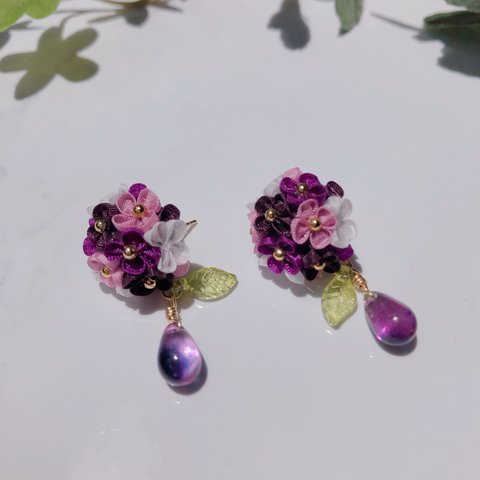 つまみ細工 ピアス［紫陽花のひと雫✴︎よそいき］