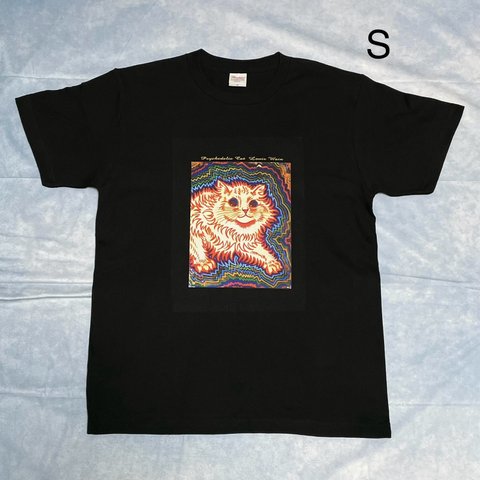 ルイス・ウェイン　サイケデリック・キャット　綿Tシャツ黒　Sサイズ　SML有り