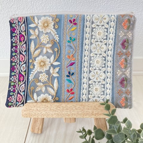 インド刺繡リボン/パッチワークポーチ/ブルー系②