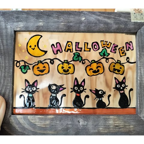 送料無料*ステンドグラス風フレーム*ハロウィン･黒猫･かぼちゃ･ハンドメイド♪  