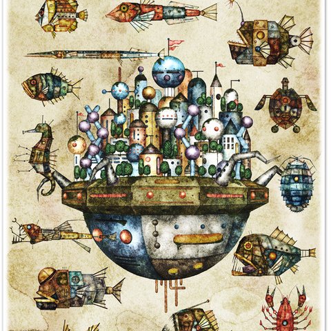 機械の魚と浮遊都市を描いた『機械王国アートポスター』（A3ノビサイズ）魚 深海魚 古代生物 水彩画 イラスト ファンタジック インテリア