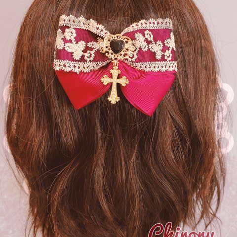 エンブロイダリーパールクロスリボン♡(ボルドー) 量産型 地雷 ヘアメ ゴスロリ ロリィタ メイド アイドル衣装 コンカフェ 病みかわ プレゼント ギフト ハロウィン 刺繍 ヘアメ ヲタ活 推し活