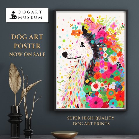 【花とラフコリー犬の夢の世界 No.8】アートポスター 犬の絵 犬の絵画 犬のイラスト