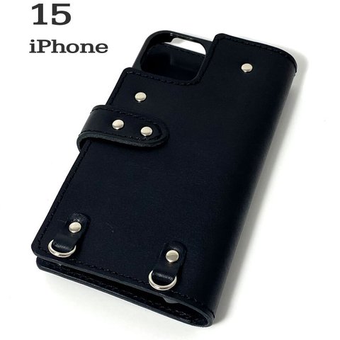 送料無料 手帳型 スマホケース iPhone 15 用 スマホショルダー ハードカバー 革 ブラック