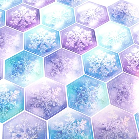 雪の結晶の六角形光沢紙シール パープル～ブルー40枚+α