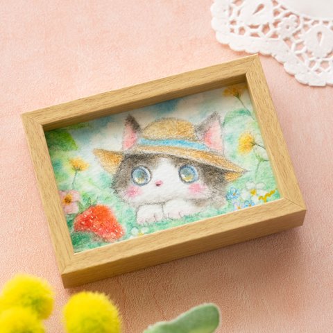 【原画・フレーム付き】「いちご、みーつけた！」　パステルアート＆色鉛筆画　動物　かわいい　猫　ネコ　ねこ　イラスト