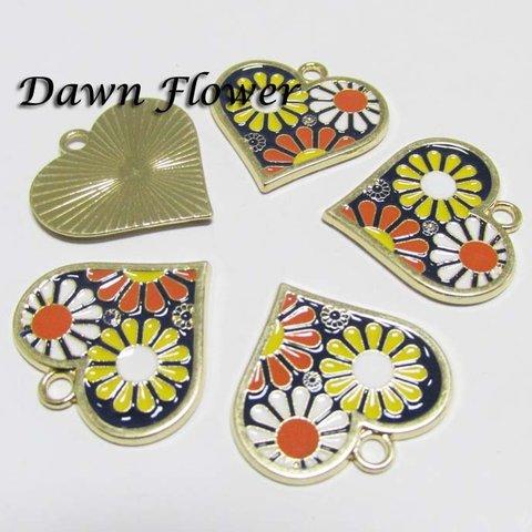 【D-0084】5pcs　ハートに花　21mm　ブラック　チャーム