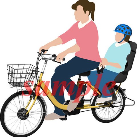 サイクリングする母親と子供「電動自転車」の背景透明イラスト019