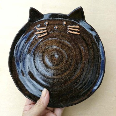 まんまる猫のお皿　大　黒天目