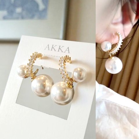 18kgp◆Double pearl ＆bijou hoop earrings  ダブルパールのフープイヤリング  樹脂イヤリング樹脂ピアス フープピアス   金属アレルギーノンホールピアス