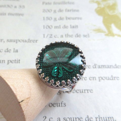 ４ leaf clover 　Intaglio Cabochon　シルバープレート　リング