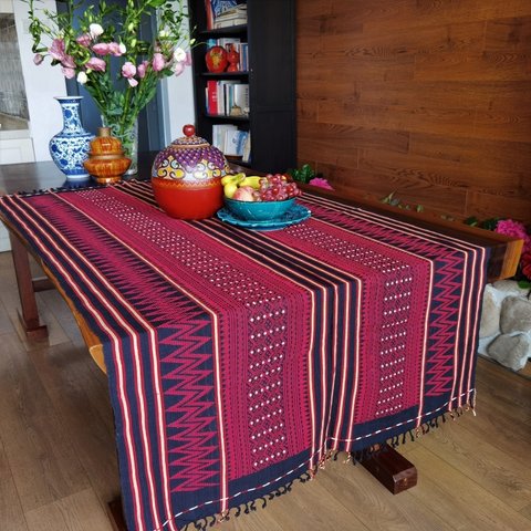 アカ族手織り天然コットン製アジアンBOHOタペストリー １７７x９６cm長方形 テーブルランナー テーブルクロス#103