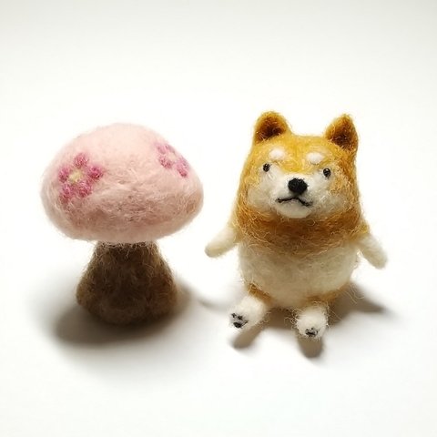 【受注制作】おすわりゆる柴犬と桜の木の春セット 羊毛フェルト