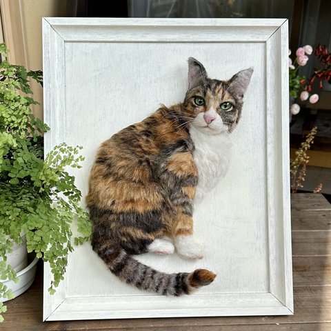 《贈り物に人気》羊毛フェルトで作るオーダーメイドのフレーム猫　メモリアル　ギフト　ペットロス　かわいい猫　Lサイズ