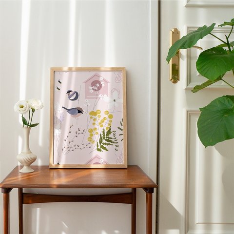 春の北欧ポスター  / i0548 /  ミモザと桜と小鳥　インテリアポスター