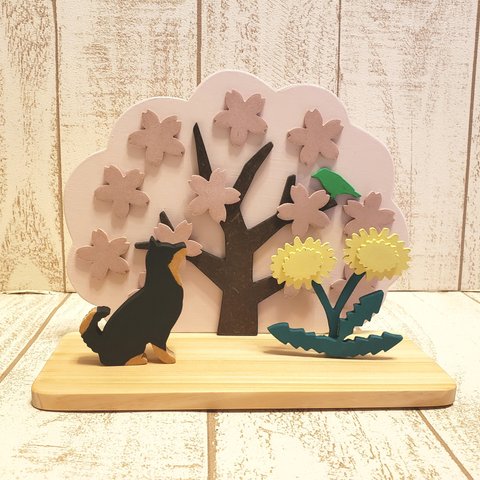 受注制作☆動物の変更も色変更も可能！☆春☆桜と黒柴の置物☆たんぽぽ☆お花見