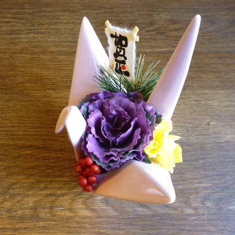 【お正月】折り鶴と葉牡丹のお正月飾り