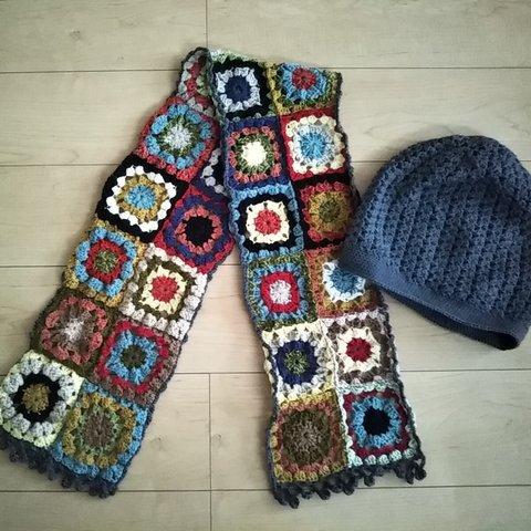 手編み♥帽子とマフラー　モコモコ玉編み　カラフルなスクエア柄