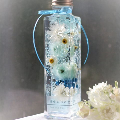 お花いっぱい♡ハーバーリウム★ベビーブルーローズ・17㎝角ボトル
