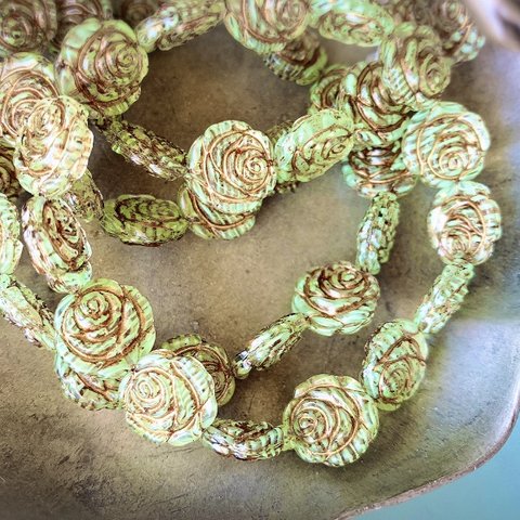 【4コセット】JIRI＊IVANA#czech beads #チェコビーズ　rose 14㍉　stripe green＊crystal/copper