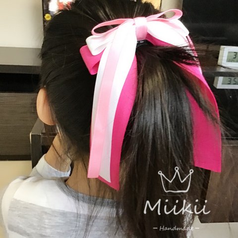 入学式、卒業式☆ カラフルなレイヤード　たらりんリボン🎀揺れるヘアゴム　ダックピンク　(11カラー、留め具変更可能)