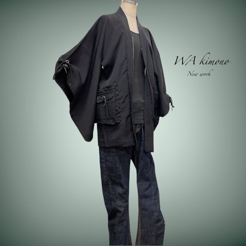 男女兼用 ファスナー羽織  作務衣 着物リメイク 和装 和モード 衣装 着物コート 黒 H6302