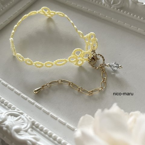 レースのブレスレット《四つ葉のクローバー》❇︎ lemon yellow ❇︎◇タティングレース 