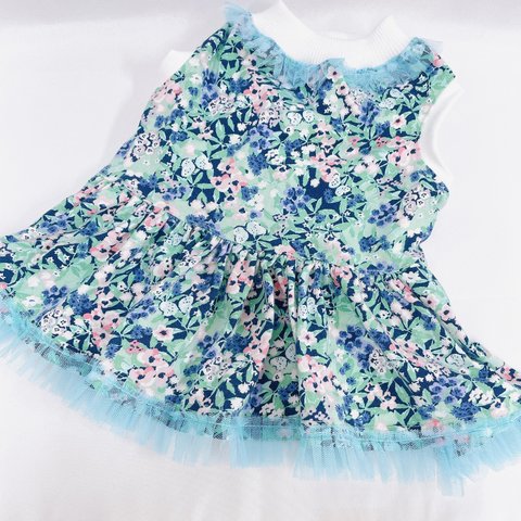 Mのみ翌日発送♡夏の涼しげ花柄ワンピース青系フレブル服フレンチブルドッグパグ服