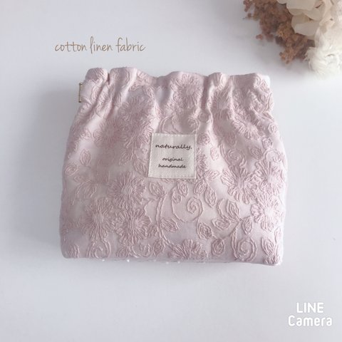 【再販】✳︎春色✳︎cottonお花刺繍レース　くすみピンクシリーズ　切替マチのバネ口ポーチ　バネ口12cm