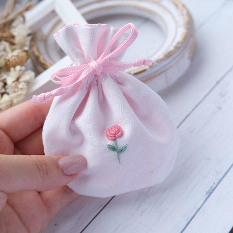 薔薇刺繍のちいさな丸巾着（Sサイズ/ピンク）