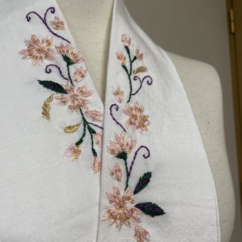 綿麻　桜刺繍半襟