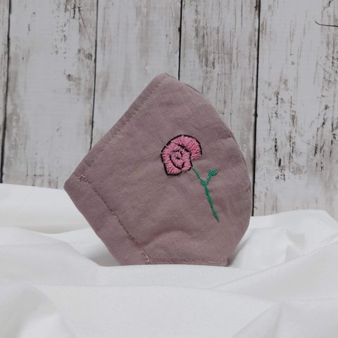 インナーマスク／大きめ〜ビッグ／刺繍／薔薇／リネン／ピンクアーモンド／やわらかな／日本製