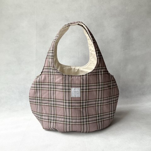 ころりんバッグ　Lサイズ　ショルダー　トートバッグ　＊kororin bag＊軽い＊大きめ＊ざっくり＊タータンチェック＊くすみピンク＊