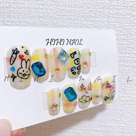絵描きネイル　水彩　春夏　ワンホンネイル　韓国ネイル　デート　かわいい　ネイルチップ　つけ爪