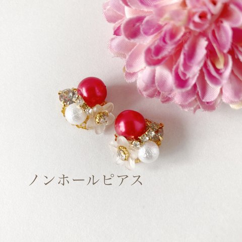 スノーパールとお花のビジューノンホールピアス(樹脂イヤリング)(046)