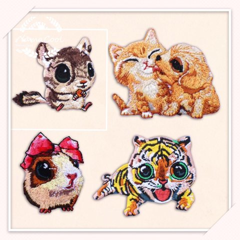 【W35。上質】可愛い刺繍ワッペン 動物　リス  トラ　ネズミ  ねこいぬ　4枚分　