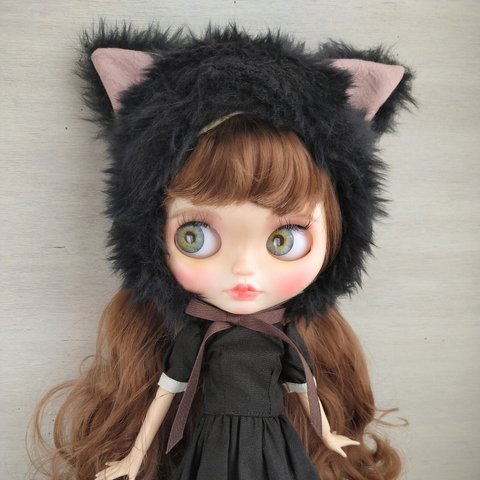 再555※黒のふわふわファーの猫耳の帽子※ブライスアウトフィット※