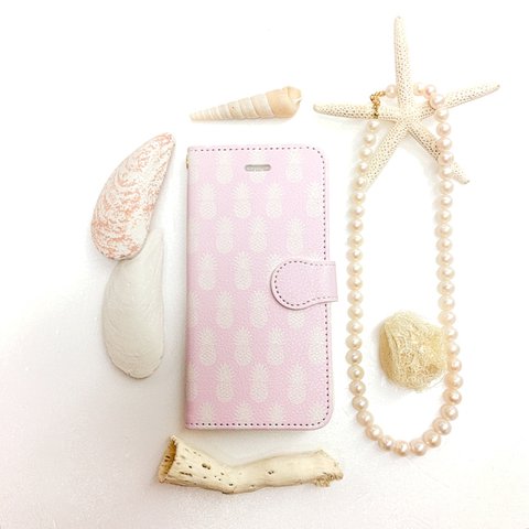  pajour ペールピンク パイナップル 柄 手帳型 スマホケース ビジュー無し(ピンク)iphoneX/Xperia/plus/iphone8/xz/SC-04/AQUOS/Android