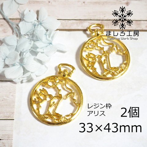 2個 レジン枠 33×43mm ゴールド 不思議の国のアリス 空枠 レジン ハンドメイド  アクセサリーパーツ 【M183】