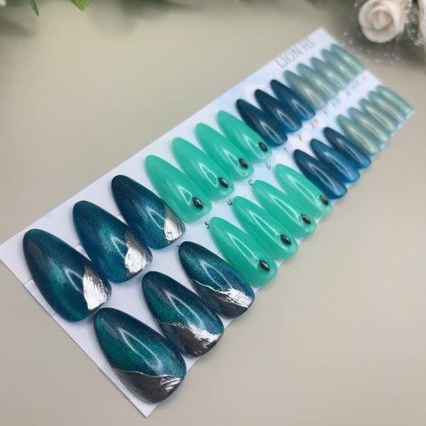 ターコイズブルー🩵💙💚×マグネットネイル💅〚2024-No.15〛ロングアーモンド 全サイズ(15size)粘着シール3回分付