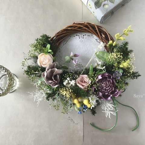  * Spring rose ×  mimosa  * wreath * リース　　ギフト　プリザーブドフラワー　